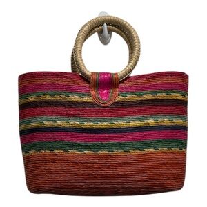 Boho Woven Straw Tote | Serape Stripe Market Bag | Round Handles
